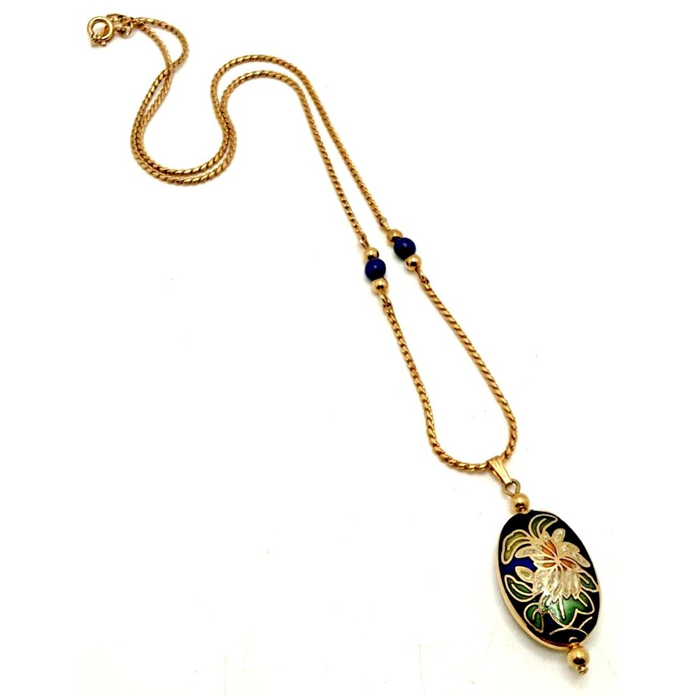 Vintage AVON Cloisonne Blue Floral Pendant Necklace Gold Tone Statement 18"